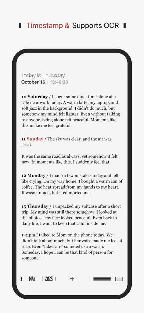 DayGram - One Line a Day Diary - Minimalist diary entries screen in the DayGram app showing daily logs