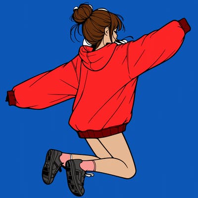 realistic girl jumping with a bun and oversized sweatshirt
