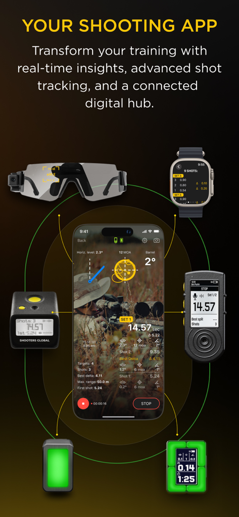 Drills: Shooting Training app - A smartphone showing the Drills app interface surrounded by connected shooting timers smart glasses and an Apple Watch