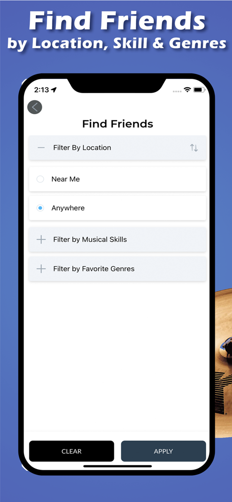Bajaao 앱 화면에서 위치, 기술, 장르별 뮤지션 검색을 위한 필터가 표시됩니다.