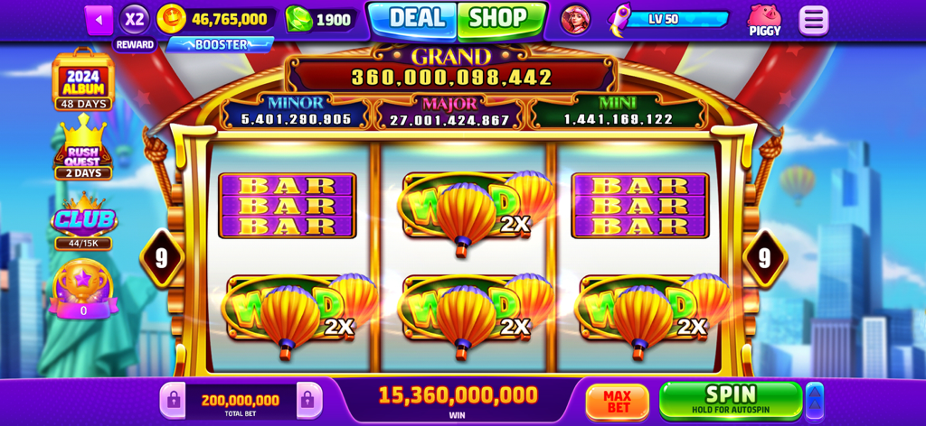 Jackpot Wild - Slots Casino - Jackpot Wild Slots Casino game screen featuring a hot air balloon themed slot machine with multiple wild multipliers and a massive jackpot win