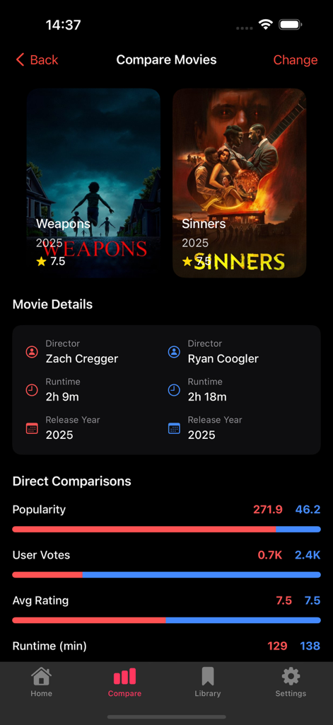 Dodo: Webview Movies By Moods - Side by side movie comparison in Dodo app showing ratings and runtime stats