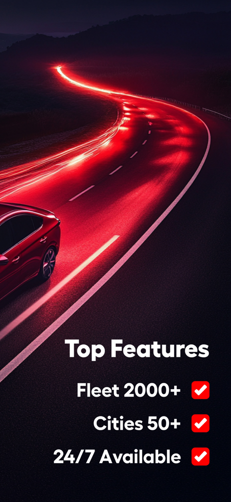 Comfy - كومفي - Screenshot of Comfy car rental app top features including a fleet of 2000 plus cars and 24/7 availability