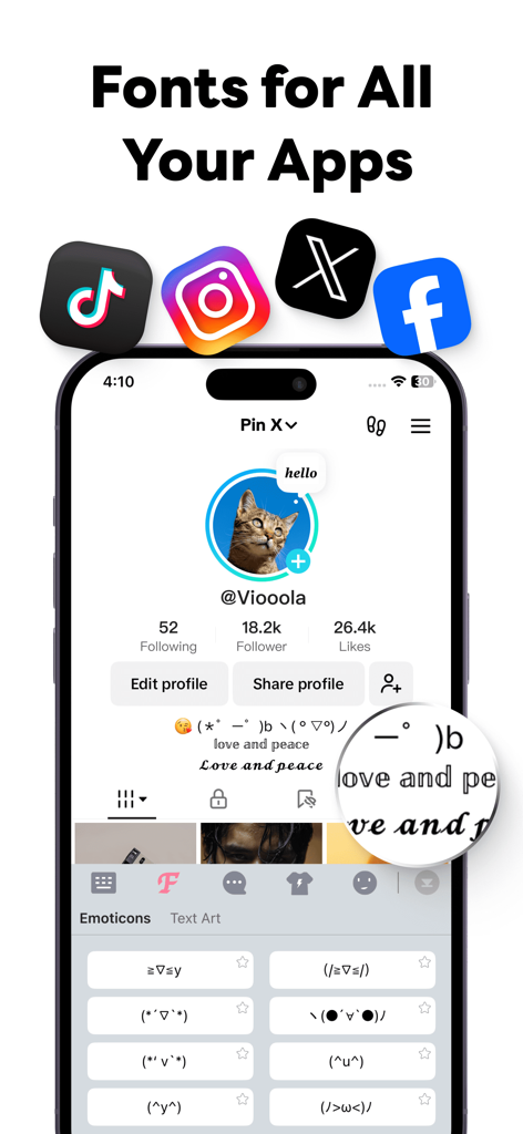 HT Keyboard Fonts - Fonts Art - Mobile app interface showing stylish fonts and text art for social media profiles like TikTok and Instagram.