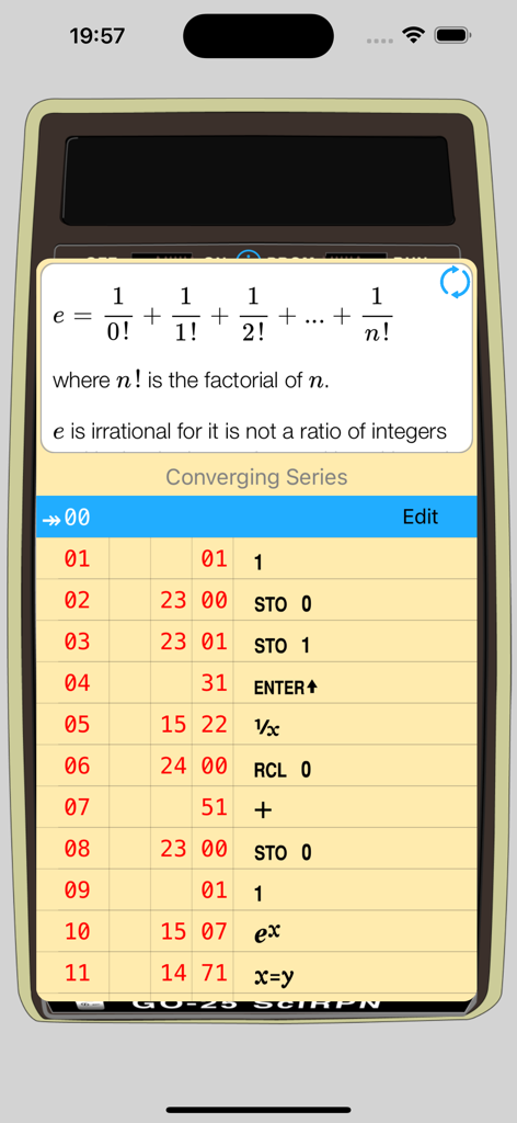 Capture d'écran de l'application GO-25 SciRPN montrant une formule mathématique et ses pas de programme correspondants pour le calcul.