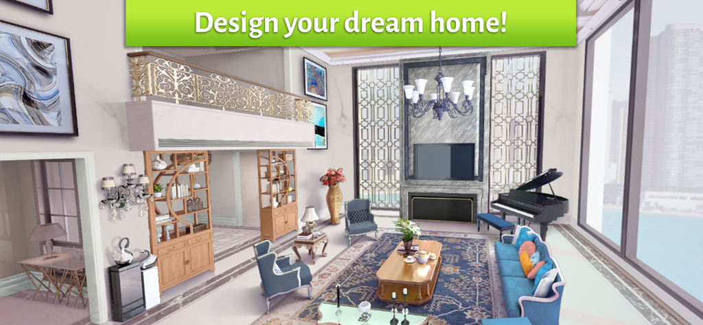 Luxury living room interior design with a piano and city skyline view in a home makeover game