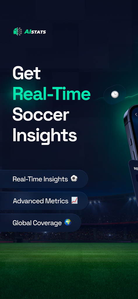 Soccer Rankings App - AIstats - Aplicativo de Rankings de Futebol - AIstats mostrando insights em tempo real e métricas avançadas em um fundo de estádio