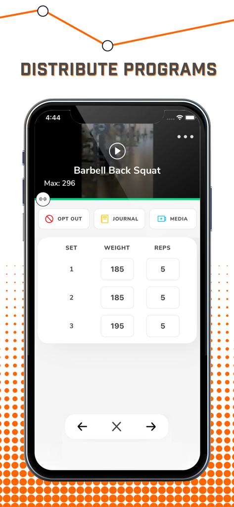 TeamBuildr mobile app interface showing barbell back squat exercise logs for sets weights and reps