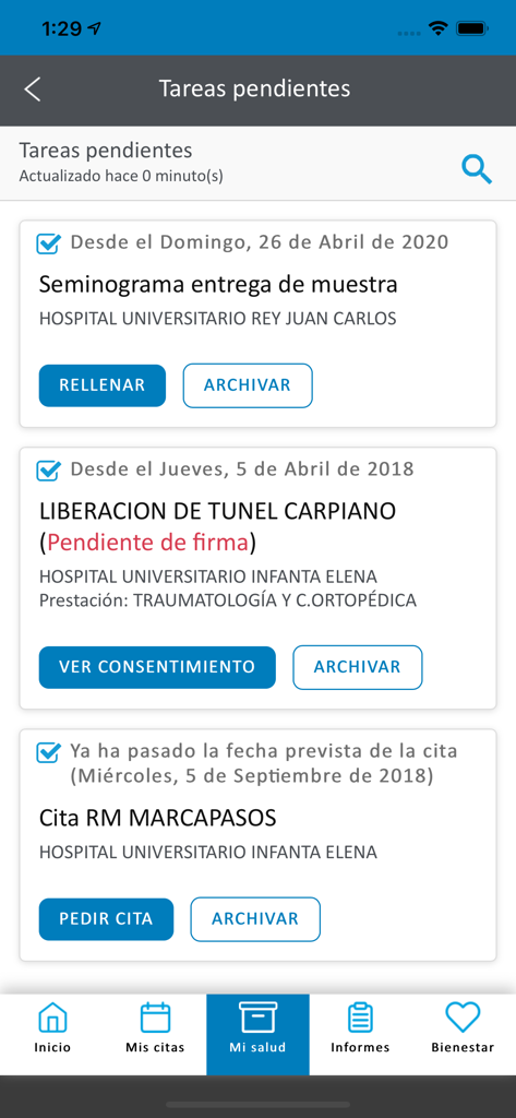 H.U. General de Villalba - Mobile app interface of H.U. General de Villalba showing a list of pending patient medical tasks and appointment management options.