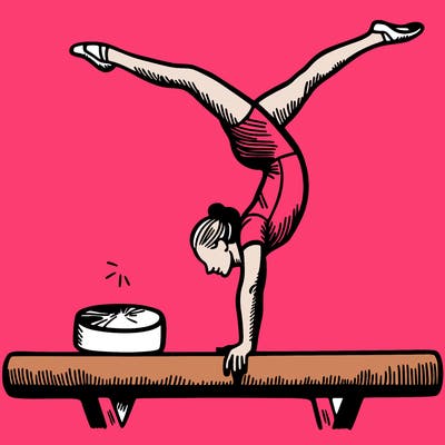 female gymnast, doing acrobatic handstand on balance beam