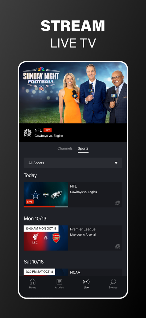 NBC Sports - Tela do aplicativo NBC Sports mostrando a programação de transmissão ao vivo do Sunday Night Football e da Premier League