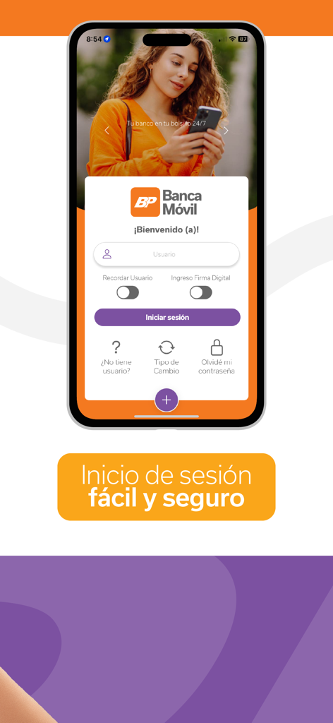 Interfaccia di accesso sicuro dell'app di mobile banking Banca Movil BPDC per Banco Popular Costa Rica.