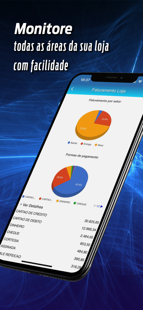 NetLive mobile app displaying business revenue charts by sector and payment methods