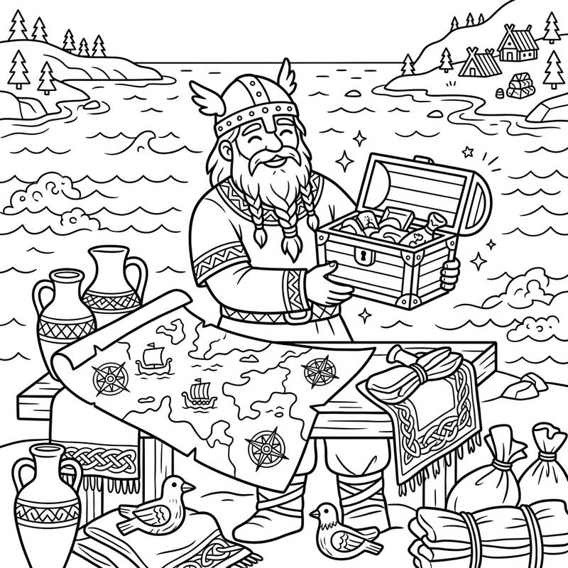 Journey to a world of exploration with this delightful coloring page featuring a cheerful Viking trader enjoying his vacation. This scene is packed with exciting elements like ancient maps, precious treasures, and exotic wares, perfect for hours of creative fun.