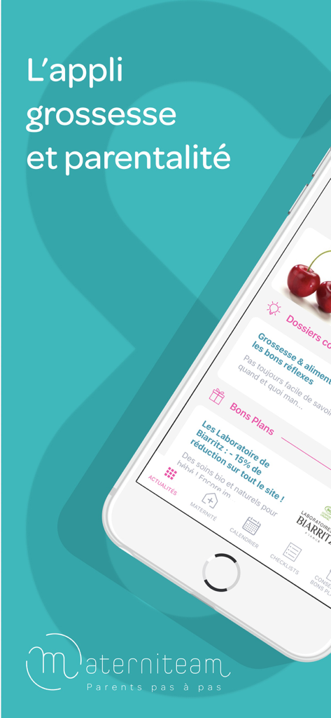 Materniteam mobile app interface showing pregnancy advice and shopping deals on a teal background