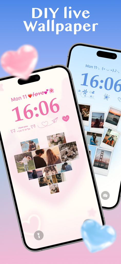 Cool Maker: Wallpaper & Font - Two iPhones showing heart and polaroid photo collage live wallpapers on their lock screens