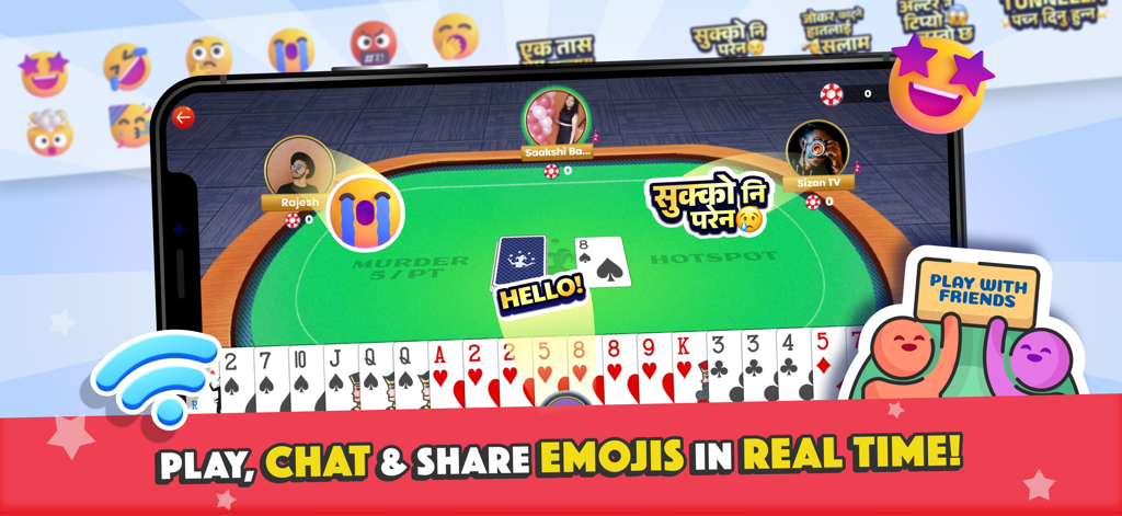 In-game screenshot of Marriage Card Game showing social interaction with emojis and live chat