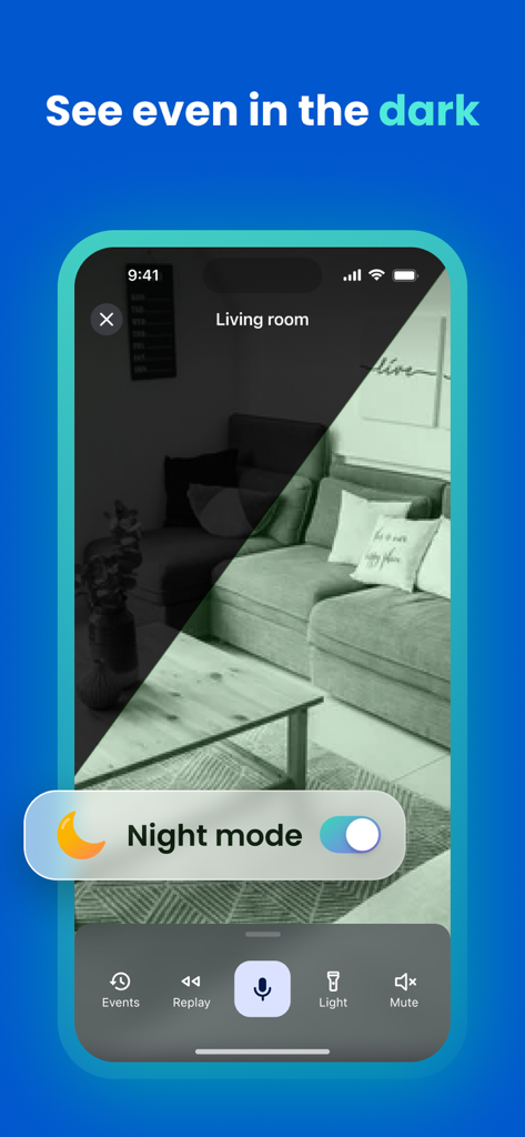Camerito-Sicherheitskamera-App-Oberfläche zeigt die Nachtmodus-Funktion zur Überwachung eines dunklen Wohnzimmers