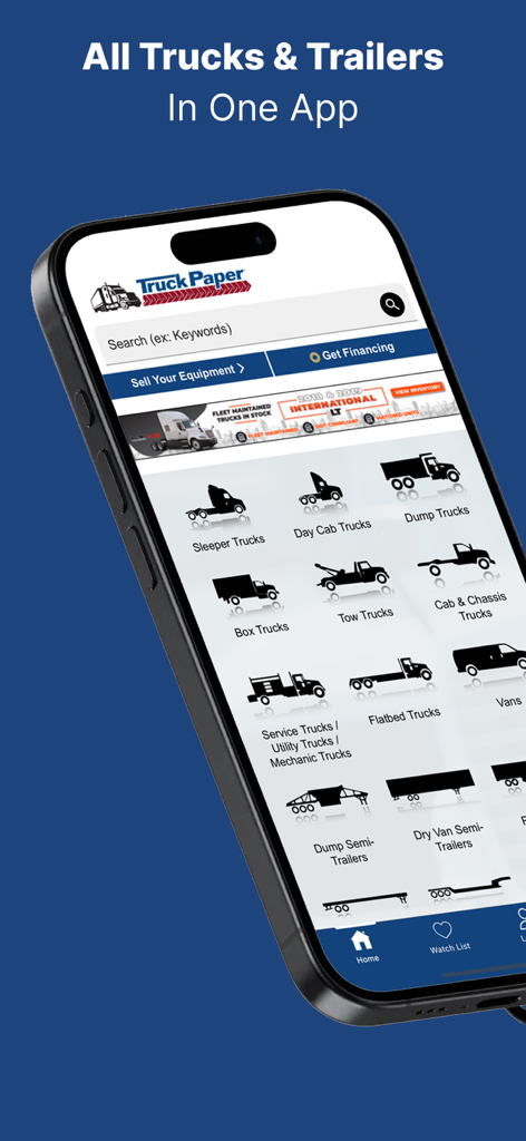 TruckPaper: Trucks For Sale - TruckPaper mobile app interface showing categories for commercial trucks and trailers for sale