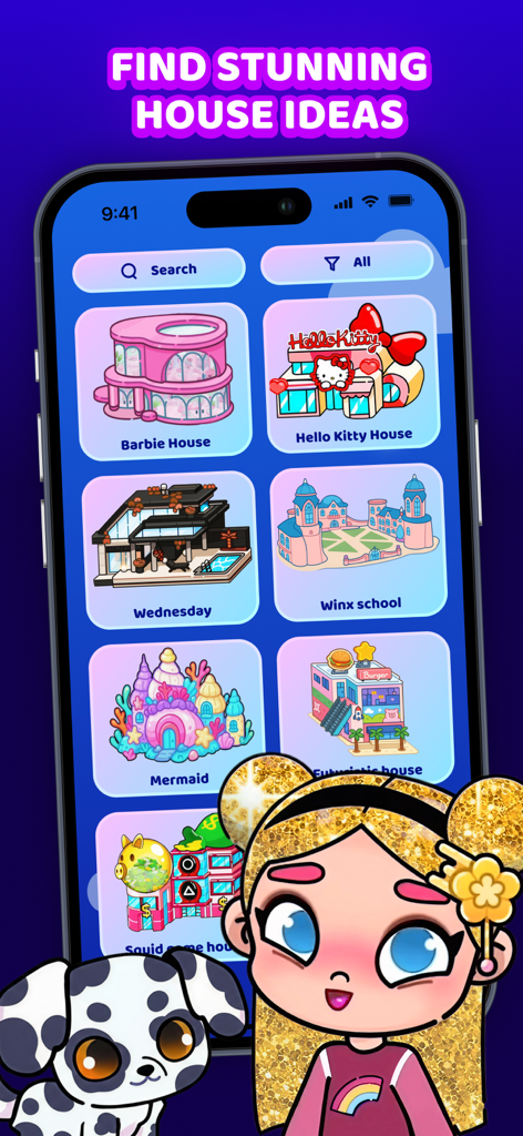 Avatar World - Cute Life Mods - Ein Menü in der Avatar World App, das verschiedene thematische Hausdesign-Ideen wie Barbie House und Hello Kitty House zeigt