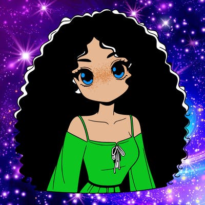 a black anime girl with long afro hair