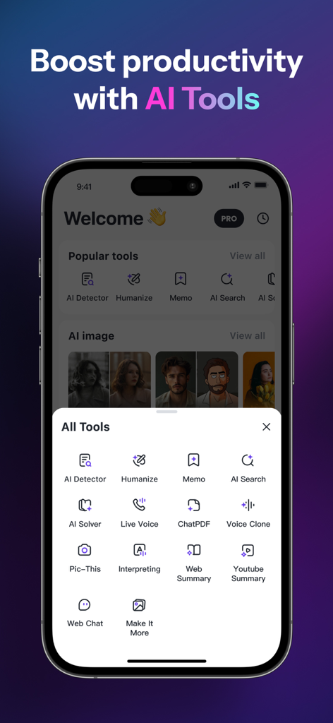 Interface do aplicativo Monica AI exibindo um menu de ferramentas de produtividade de IA em um telefone celular