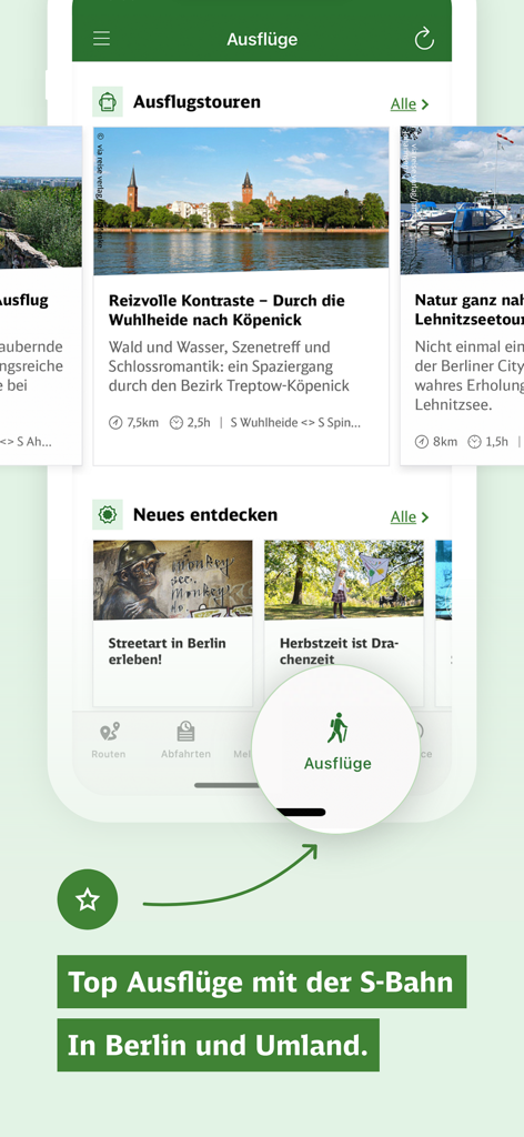 S-Bahn Berlin app interface showing excursion tips and local trip suggestions