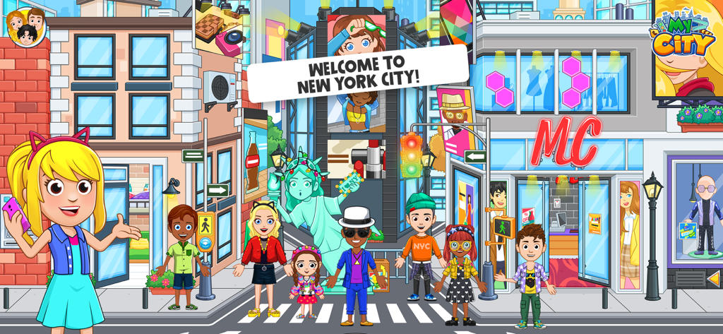 My City : New York - Personajes de dibujos animados de pie en una calle de la ciudad de Nueva York con un cartel de "Welcome to New York City"