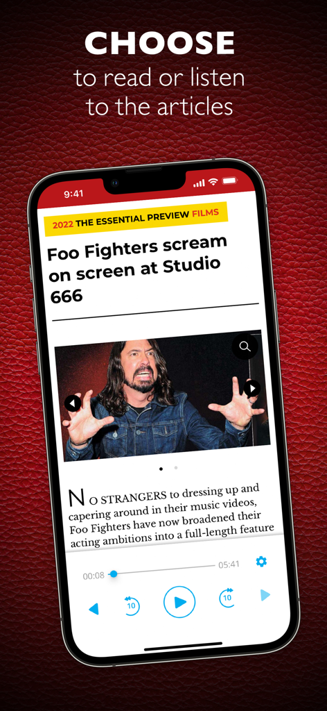 Mojo: The Music Magazine - Mojo magazine app showing an article with an audio player for listening or reading options.