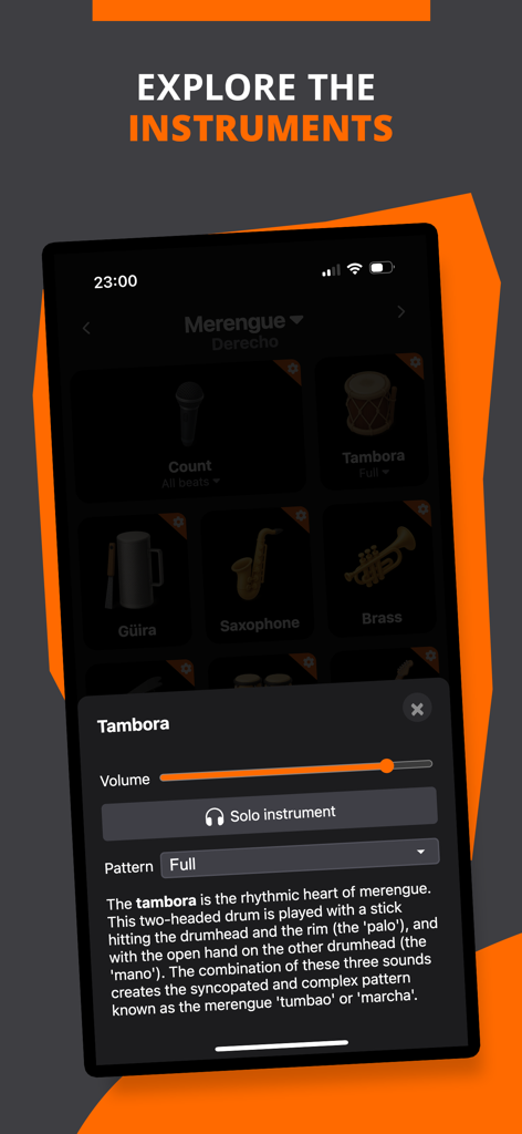 Merengue Rhythms - BeatLab - Pannello di controllo dello strumento tambora nell'app Merengue Rhythms BeatLab che mostra le opzioni di volume e solo.