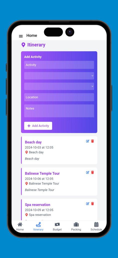 계획된 활동 목록과 새 활동을 추가하는 양식을 보여주는 여행 플래너 앱의 여행 일정 화면.