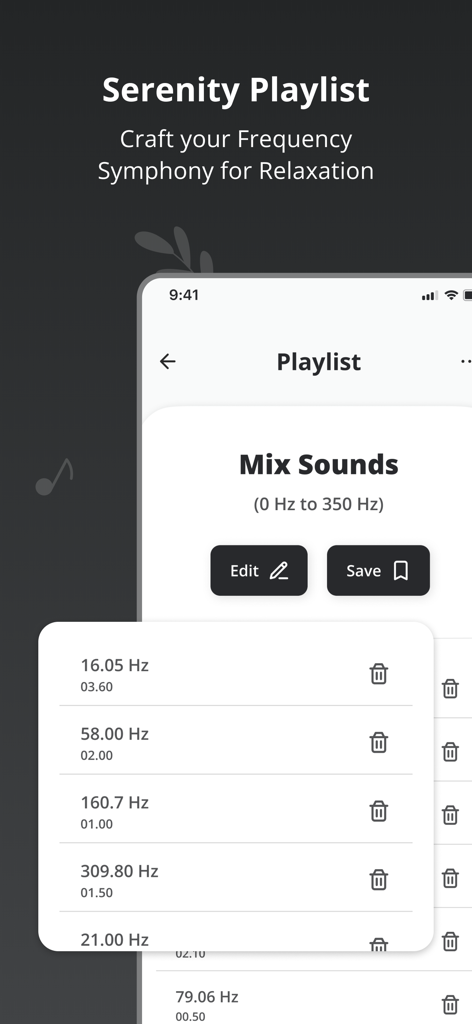 RIFE Frequency Amplifier - RIFE周波数アンプアプリのスクリーンショット。リラクゼーションのための特定のヘルツ周波数リストを備えたカスタマイズ可能なセレニティプレイリストを表示。