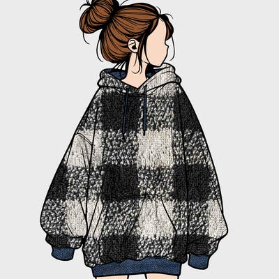realistic girl with a oversized sweatshirt on and a bun