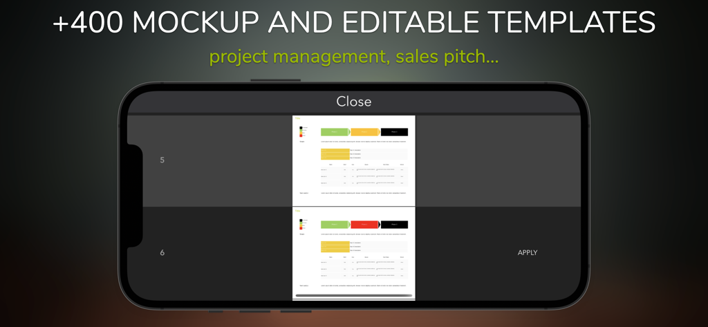 Perfect+ for Presentations - Interfaz móvil de la app Perfect Plus que muestra plantillas de presentación de negocios para gestión de proyectos y propuestas de ventas
