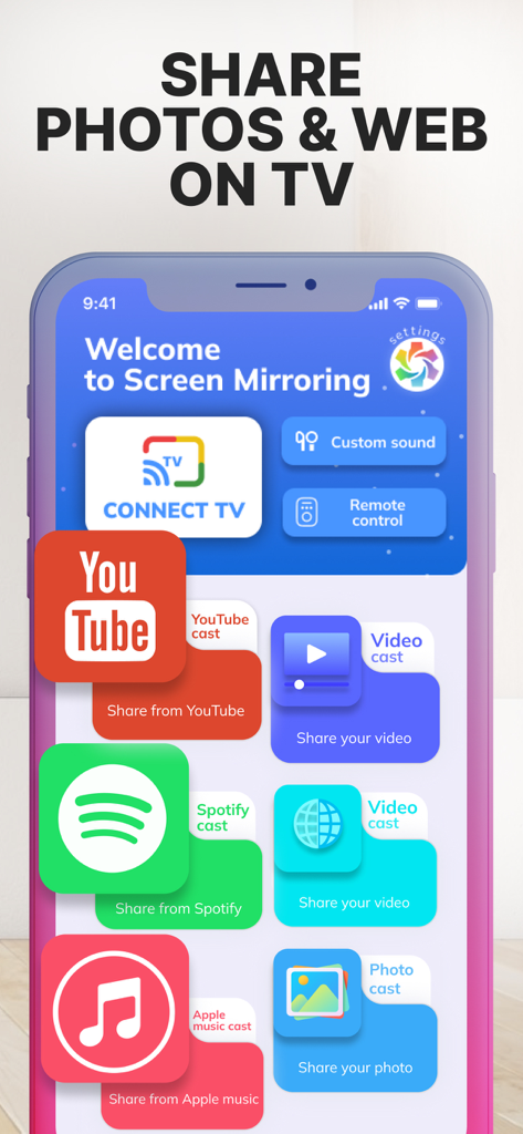 Interface do aplicativo mostrando opções para compartilhar fotos, conteúdo da web e música do iPhone para uma TV com Chromecast