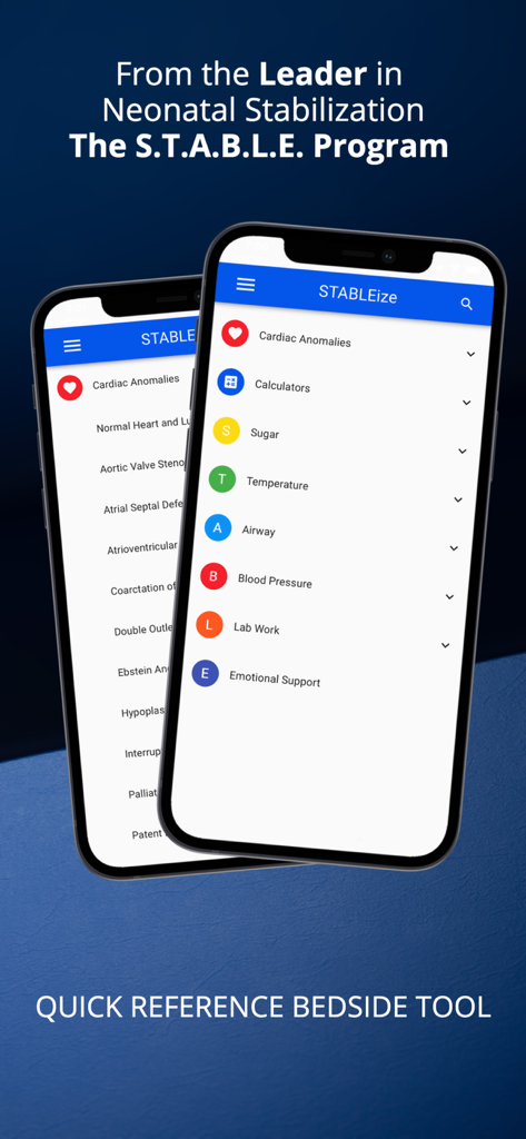 STABLEize - The STABLE Program - STABLEizeモバイルアプリのインターフェースに新生児の安定化と心奇形の臨床モジュールが表示されている