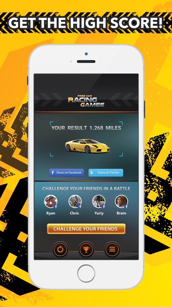 Free Car Racing Games - Pantalla de resultados de Juegos de Carreras de Autos Gratis mostrando la puntuación alta y opciones de desafío social