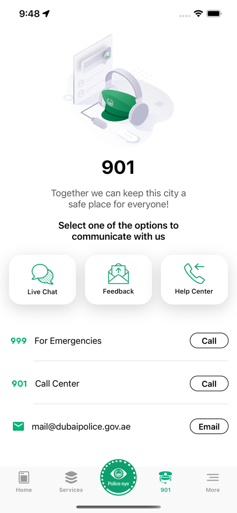 Dubai Police app contact screen featuring emergency numbers, live chat, and feedback options.