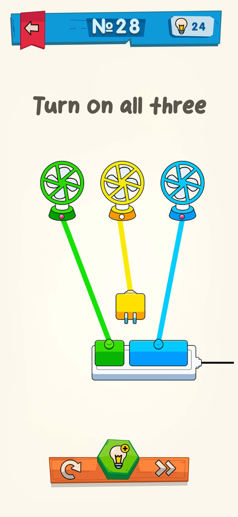 IQ Boost: Training Brain Games - Um quebra-cabeça de lógica no aplicativo IQ Boost com três ventiladores coloridos e uma régua de energia com o objetivo de ligá-los todos.
