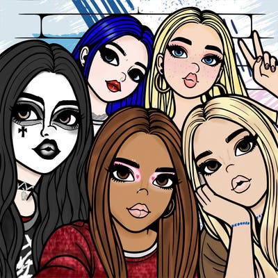 group of teen girls friends y2k up close in a selfie