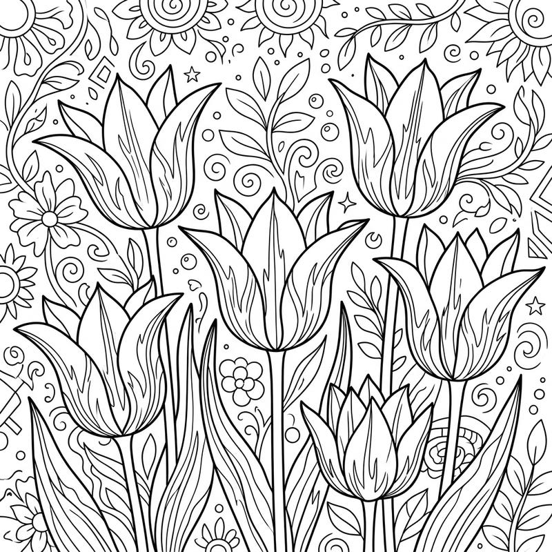 Celebrate the vibrant energy of summer with our beautiful Viridiflora Tulips coloring page, featuring these unique flowers with their distinctive streaked petals. This detailed illustration offers a relaxing and creative way to unwind and bring the beauty of the season to life.