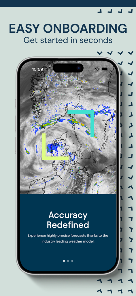 Meteomatics Weather App - Schermata di onboarding dell'App Meteo Meteomatics che mostra dati meteorologici globali precisi e mappe satellitari ad alta risoluzione