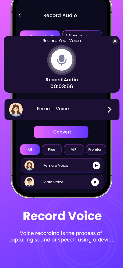 AI Dubbing : Voice Changer - スマートフォン画面には、AIダビングアプリの録音ボイスインターフェースが表示され、マイクアイコンとキャラクターボイス選択が表示されています。