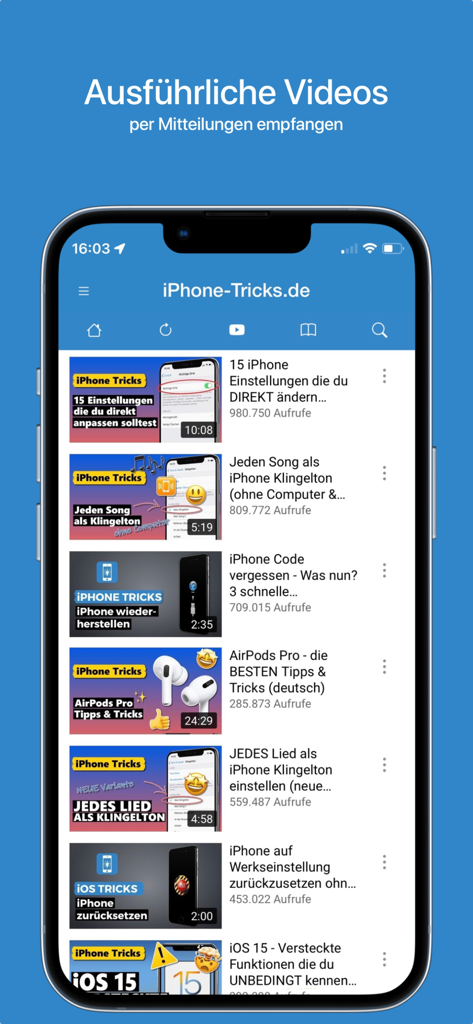 iPhone Tricksアプリのビデオチュートリアルのリスト。iOSのヒントと隠し設定が表示されています。