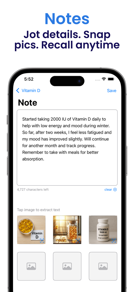 Vitamin: Track, Log & Schedule - Interface do aplicativo Vitamin para adicionar notas detalhadas e fotos aos registros de suplementos.