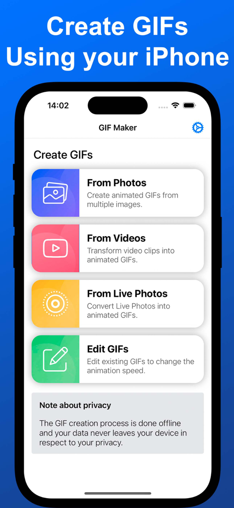 GIF 메이커 앱 홈 화면, iPhone에서 사진, 동영상, 라이브 포토로 GIF를 만드는 옵션을 보여줍니다.