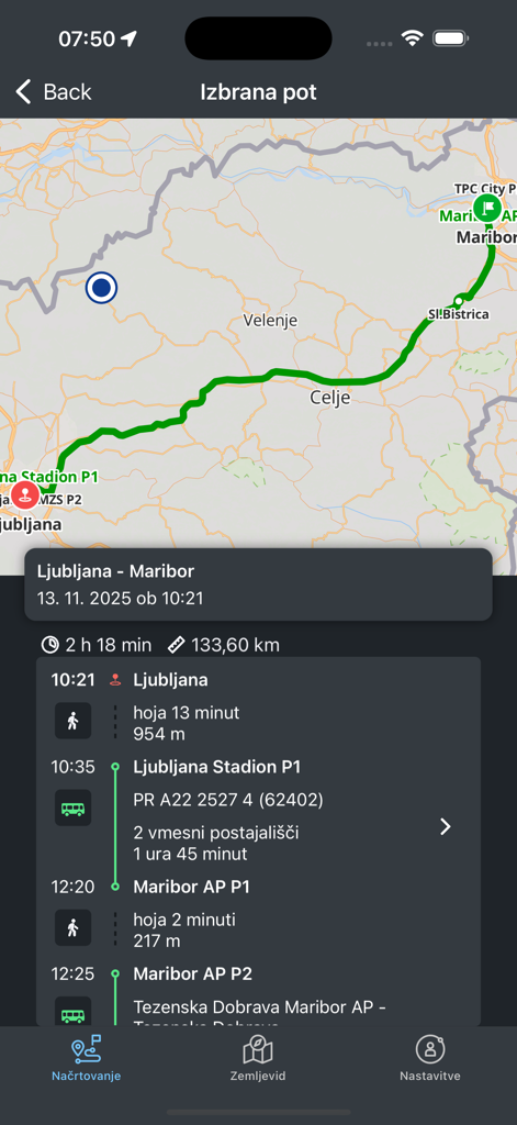 A detailed multimodal journey route from Ljubljana to Maribor on the SiMO app showing map navigation and travel segments
