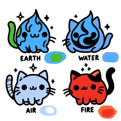 4 cats that represent the different elements, earth, water, air, and fire