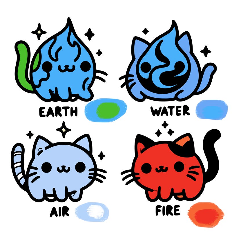 4 cats that represent the different elements, earth, water, air, and fire