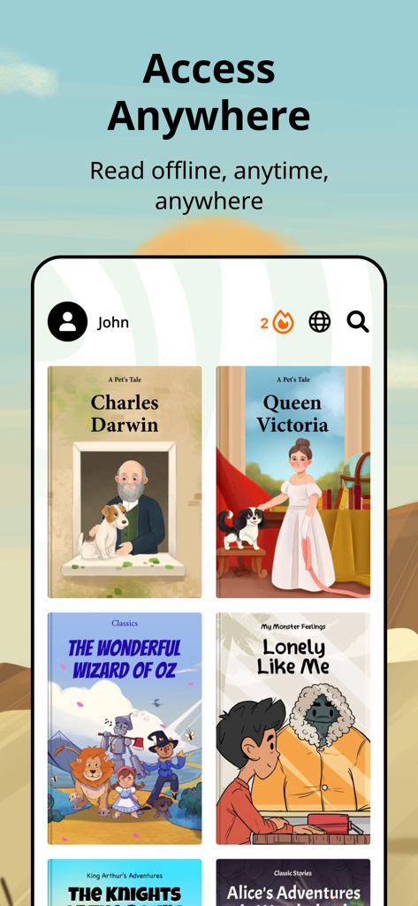 Booktime - A smartphone screen showing the Booktime app library with children books and text about offline reading access.